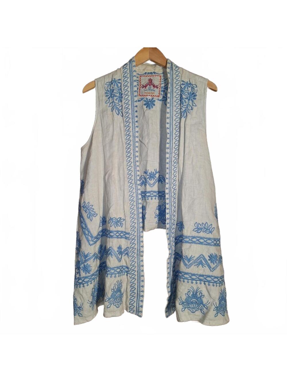 Johnny Was Embroidered Open Linen Vest in Grey with Blue Floral Stitching Size L